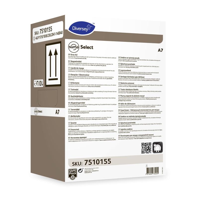 Una scatola rettangolare con la scritta "Suma Select A7 - Brillantante Neutro" di Diversey Deutschland GmbH & Co. OHG con dettagli del prodotto, istruzioni per l'uso, simboli di sicurezza, codice a barre, informazioni multilingue e SKU 7510155.