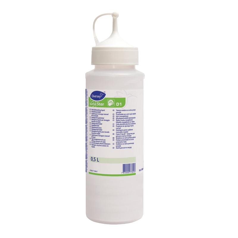 Una bottiglia dosatrice da 0,5L in plastica bianca con la scritta "Suma Star D1" di Diversey Deutschland GmbH & Co. OHG, con beccuccio appuntito e tappo; include istruzioni multilingue. La confezione contiene 6 bottiglie.
