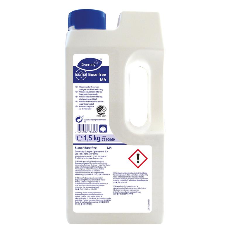 Una bottiglia di plastica da 1,5 kg di Suma Base free M4 detergente per stoviglie con effetto sbiancante grazie all'ossigeno attivo di Diversey, con tappo blu, manico, simbolo di avvertimento e un'etichetta frontale con informazioni sul prodotto e sulla sicurezza.