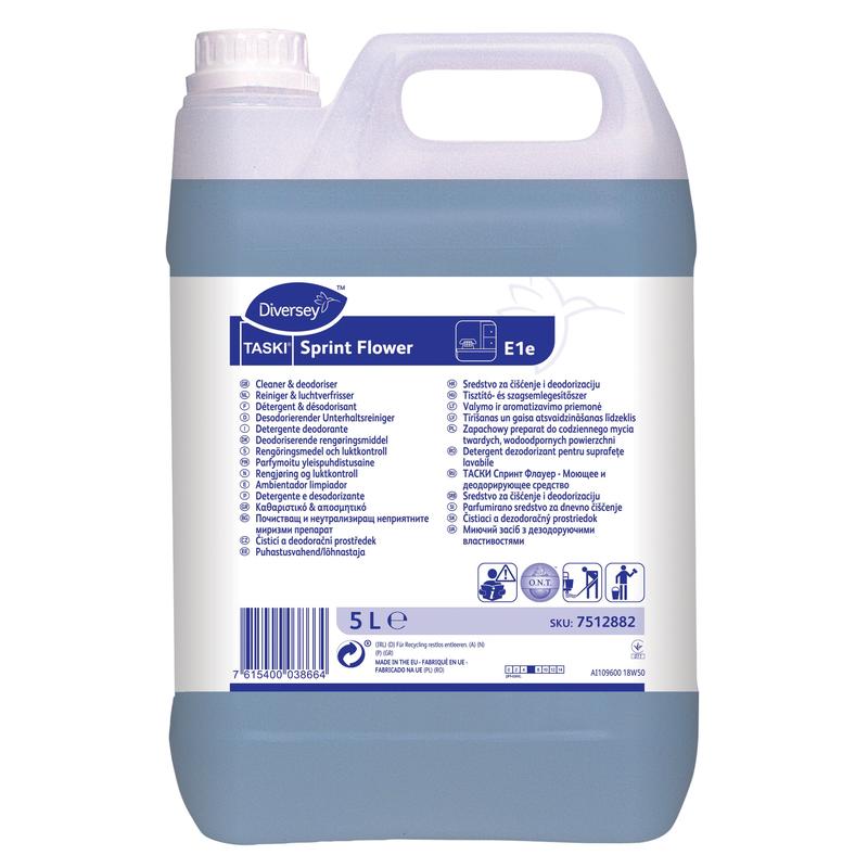 Un contenitore di plastica da 5 litri di detergente deodorante TASKI Sprint Flower di Diversey Deutschland GmbH & Co. OHG, con etichetta bianca multilingue e riempito con un fresco liquido detergente blu.