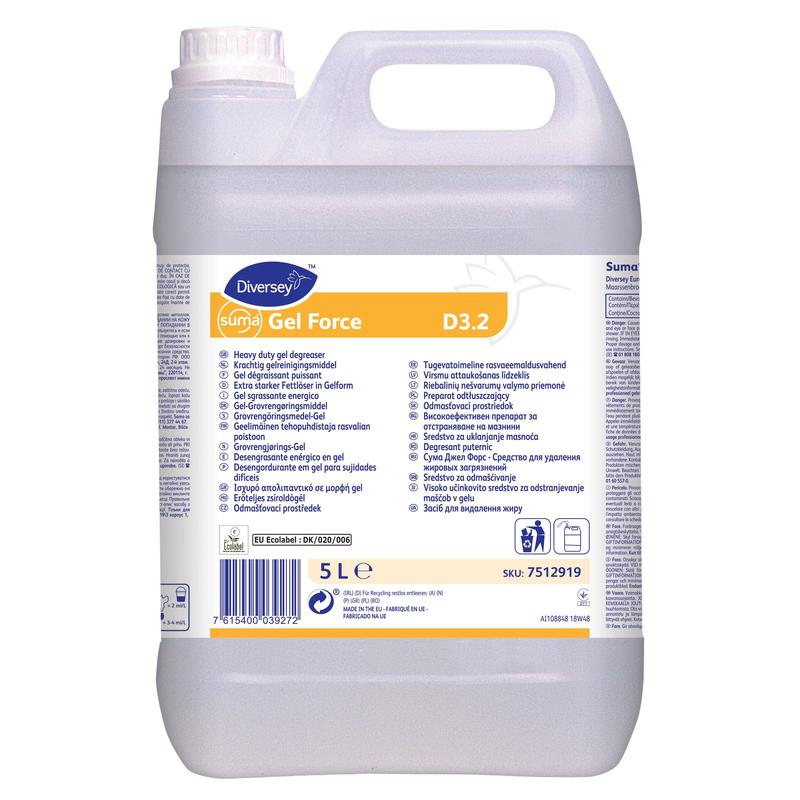 Una bottiglia da 5 litri di Suma Gel Force D3.2, un potente sgrassatore in gel certificato ecologico con un tempo di azione prolungato di Diversey Deutschland GmbH & Co. OHG, ideale per grandi cucine.
