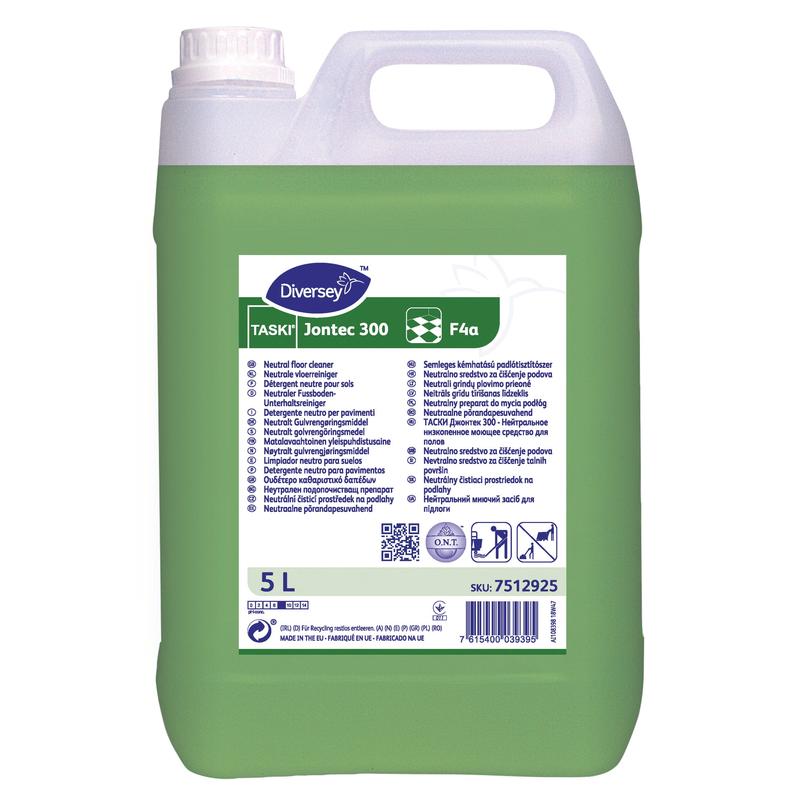 Un contenitore di plastica da 5 litri con TASKI Jontec 300 Detergente neutro per pavimenti di Diversey Deutschland GmbH & Co. OHG, ideale per superfici resistenti all'acqua. Il liquido verde, l'etichetta frontale, le istruzioni e il codice a barre sono chiaramente visibili.