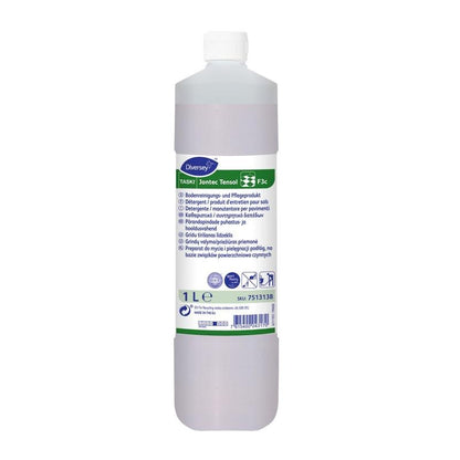 Una bottiglia da 1 litro di detergente per pavimenti TASKI Jontec Tensol della Diversey Deutschland GmbH & Co. OHG ha un tappo bianco, un'etichetta multilingue in bianco, blu e verde e contiene un liquido viola chiaro per una pulizia efficace dei pavimenti.
