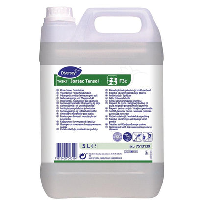 Un contenitore di plastica da 5 litri di detergente per pavimenti TASKI Jontec Tensol della Diversey Deutschland GmbH & Co. OHG con tappo a vite bianco e un'etichetta verde-bianca con istruzioni multilingue per una pulizia efficace dei pavimenti.