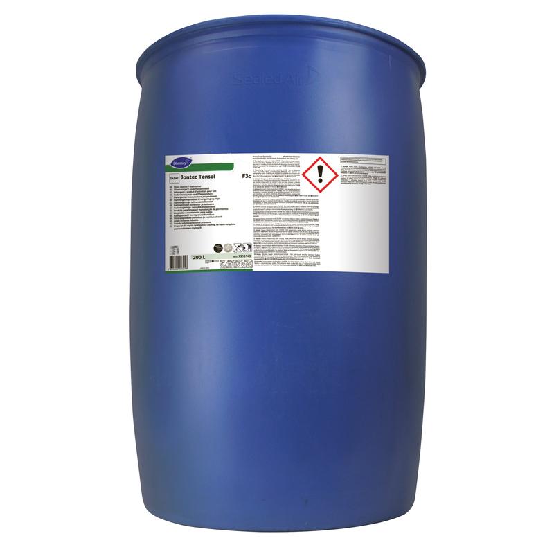 Un grande fusto di plastica blu con etichetta bianca e simboli di pericolo indica che contiene detergente per pavimenti TASKI Jontec Tensol della Diversey Deutschland GmbH & Co. OHG per la pulizia dei pavimenti.