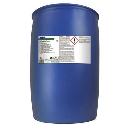 Un grande fusto di plastica blu con etichetta bianca e simboli di pericolo indica che contiene detergente per pavimenti TASKI Jontec Tensol della Diversey Deutschland GmbH & Co. OHG per la pulizia dei pavimenti.