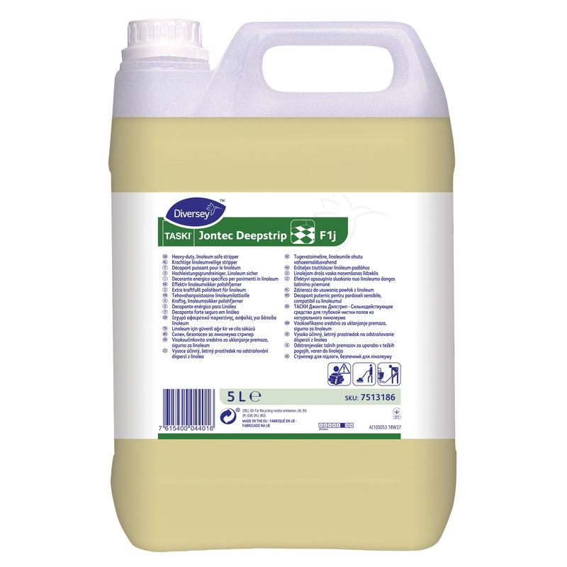 Un contenitore da 5 litri di Diversey TASKI Jontec Deepstrip, un potente detergente a base di solventi per pavimenti in linoleum, di Diversey Deutschland GmbH & Co. OHG, con manico e tappo a vite, etichetta bianco-verde in diverse lingue.