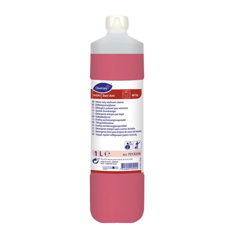 Il detergente per sanitari TASKI Sani Ami da 1 l di Diversey Deutschland GmbH & Co. OHG utilizza agenti alcalini e complessanti per rimuovere lo sporco ostinato; include un tappo bianco e un'etichetta multilingue per un uso semplice.