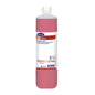 Una bottiglia da 1 litro di TASKI Calcacid Detergente sanitario di base di Diversey Deutschland GmbH & Co. OHG, un disincrostante e detergente per bagno liquido rosa con tappo bianco ed etichetta multilingue.