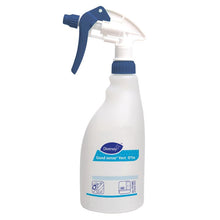 Una bottiglia spray in plastica bianca (0,5L) con spruzzatore blu di Diversey Deutschland GmbH & Co. OHG, con la scritta "Good Sense Vert" e un'illustrazione delle istruzioni di pulizia sul fondo. Venduto in cartone (5 bottiglie).