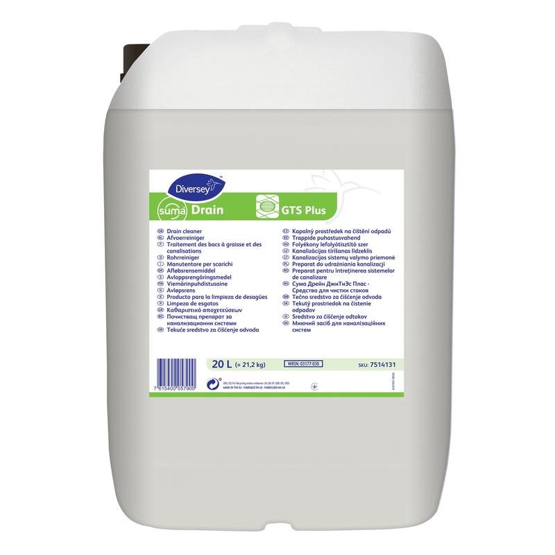 Il Suma Drain GTS plus detergente per tubi di Diversey Deutschland GmbH & Co. OHG è un grande contenitore di plastica bianco da 20 litri con maniglia, ideale per scarichi in cucina e bagno, con istruzioni multilingue e il logo Diversey.