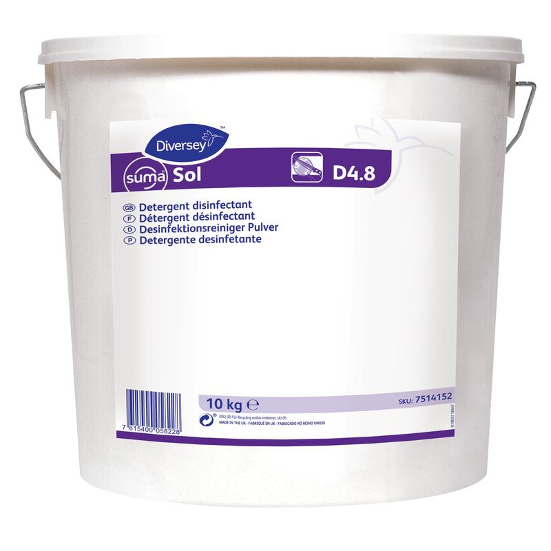 Un secchio di plastica bianco da 10 kg con l'iscrizione "Suma Sol D4.8, Disinfettante" di Diversey Deutschland GmbH & Co. OHG presenta un testo multilingue, un manico in metallo e un codice a barre nella parte inferiore dell'etichetta.
