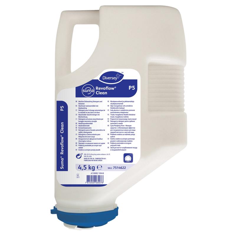 Una cartuccia di plastica bianca da 4,5 kg di Diversey Suma Revoflow Clean P5, un detergente contenente cloro per acqua dura di Diversey Deutschland GmbH & Co. OHG, con coperchio e manico blu ed etichetta multilingue.