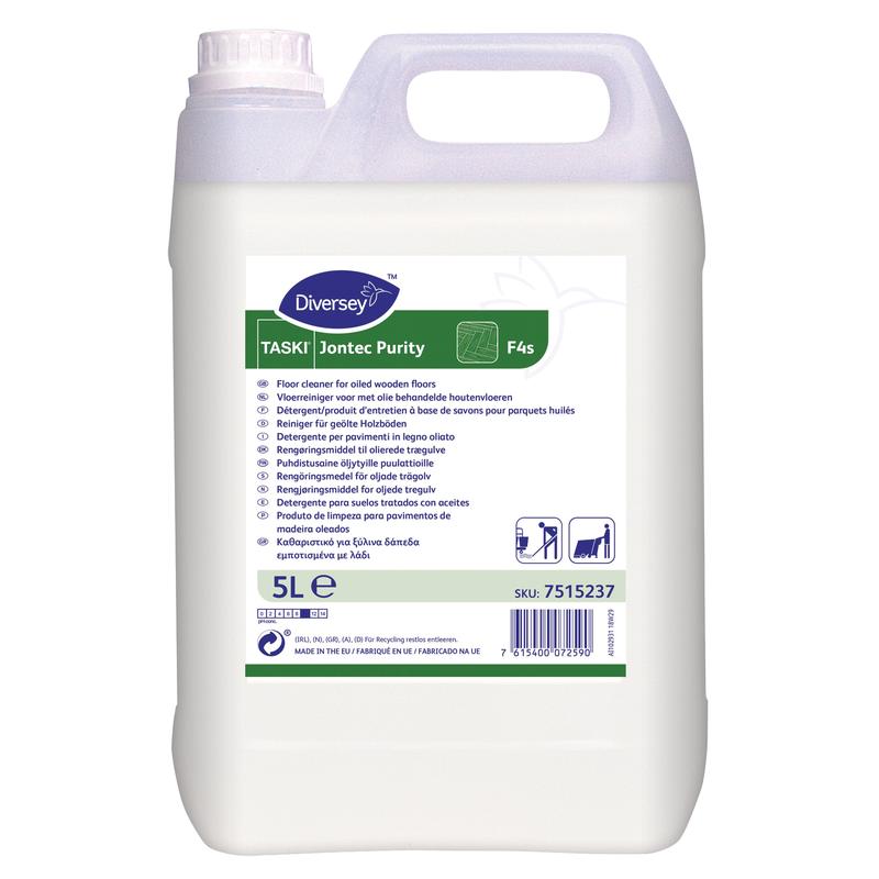 Der 5-Liter TASKI Jontec Purity Seifenreiniger für geölte Holzböden von Diversey Deutschland GmbH & Co. OHG wird in einem Kanister mit einem weißen Etikett mit Hinweisen und Symbolen sowie einem sicheren weißen Schraubverschluss geliefert.