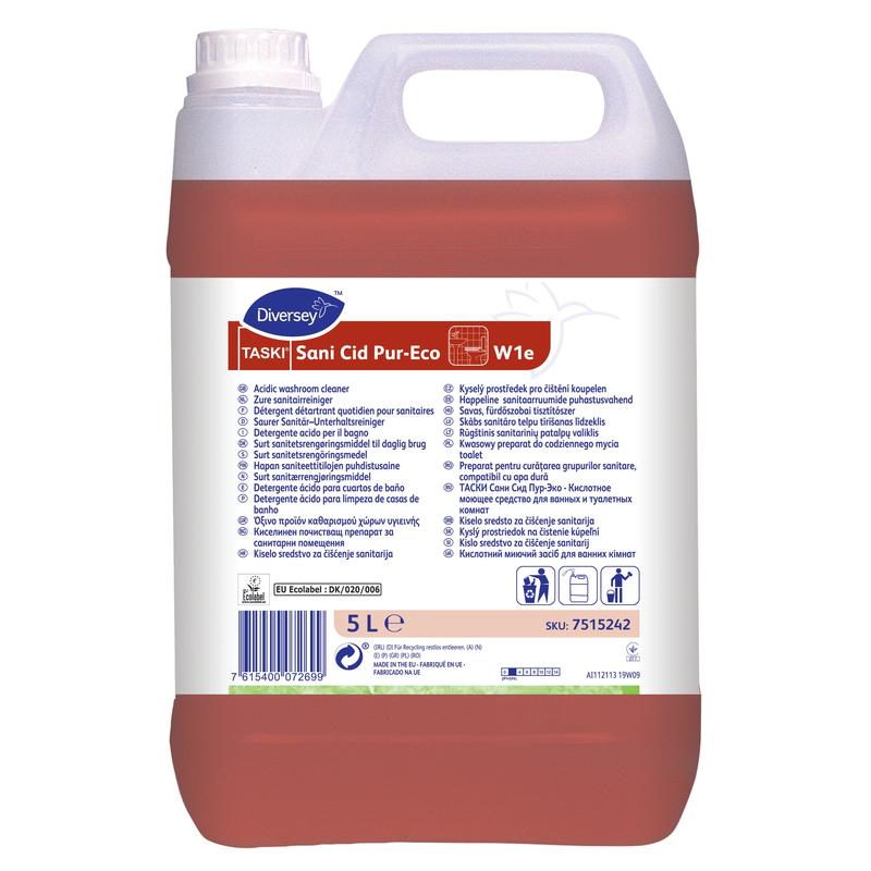 Un contenitore da 5L di detergente per sanitari TASKI Sani Cid Pur-Eco di Diversey Deutschland, con acido citrico naturale, manico/coperchio bianco, etichetta multilingue, liquido rosso e certificazione ambientale UE.