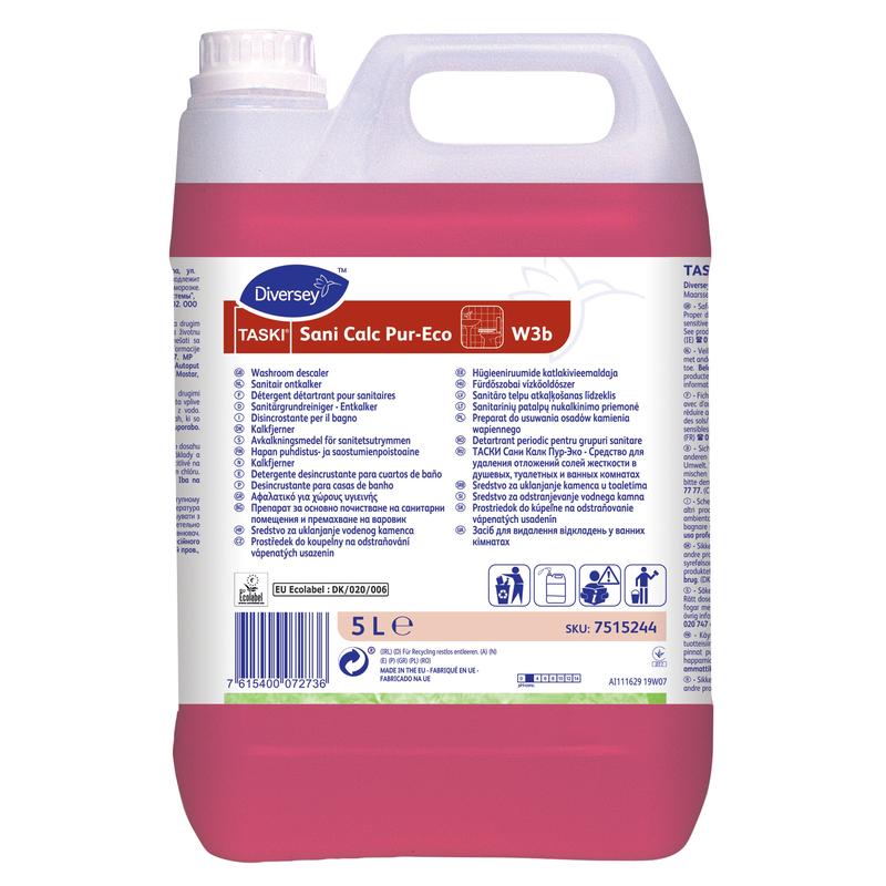 Un contenitore di plastica rosa da 5 litri con TASKI Sani Calc Pur-Eco Detergente per sanitari di Diversey Deutschland GmbH & Co. OHG per la rimozione efficace del calcare, con etichetta bianca con dettagli del prodotto, istruzioni d'uso e simboli di sicurezza.