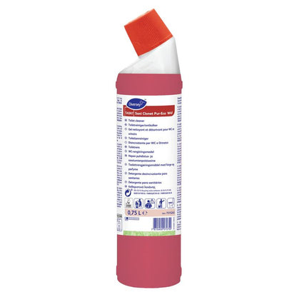 La bottiglia rossa TASKI Sani Clonet Pur‑Eco WC‑Reiniger della Diversey Deutschland GmbH & Co. OHG con tappo angolare bianco-rosso contiene 0,75 litri. L'etichetta contiene informazioni multilingue. La formula ecologica garantisce una pulizia igienica.
