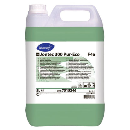 Un contenitore di plastica da 5 litri TASKI Jontec 300 Detergente neutro per pavimenti di Diversey Deutschland GmbH & Co. OHG, con liquido verde e un'etichetta sul davanti per una lucentezza senza striature su superfici resistenti all'acqua.