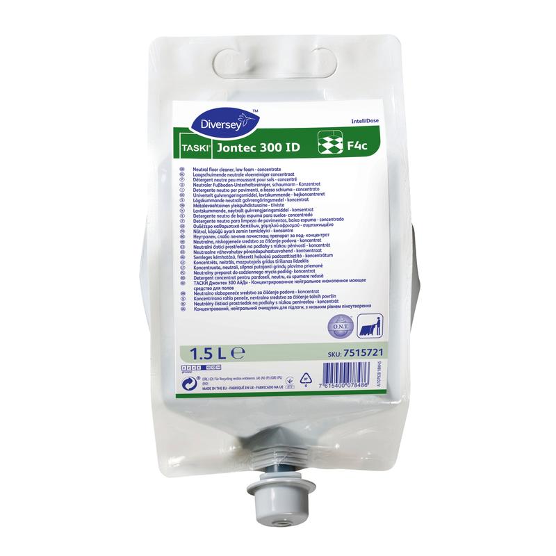 Una busta da 1,5 litri di TASKI Jontec 300 IntelliDose, un detergente per pavimenti altamente concentrato di Diversey Deutschland GmbH & Co. OHG, sviluppato per il sistema TASKI IntelliDose.