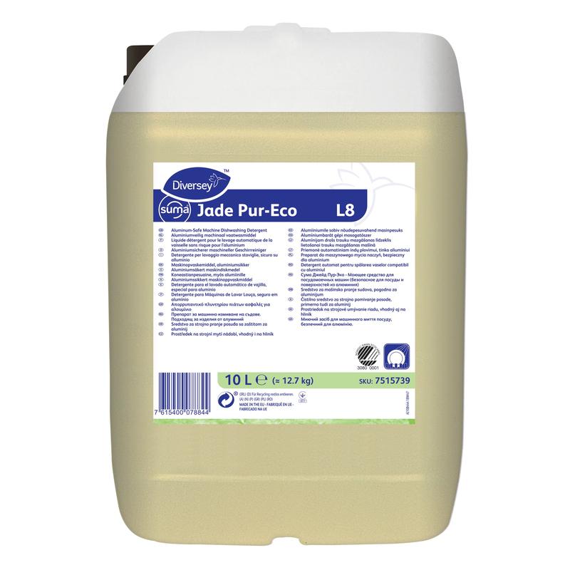 Un contenitore da 10 litri di Suma Jade Pur-Eco L8 di Diversey Deutschland GmbH & Co. OHG, un detergente per stoviglie ecologico e sicuro per l'alluminio, con etichetta multilingue per informazioni e istruzioni sul prodotto.