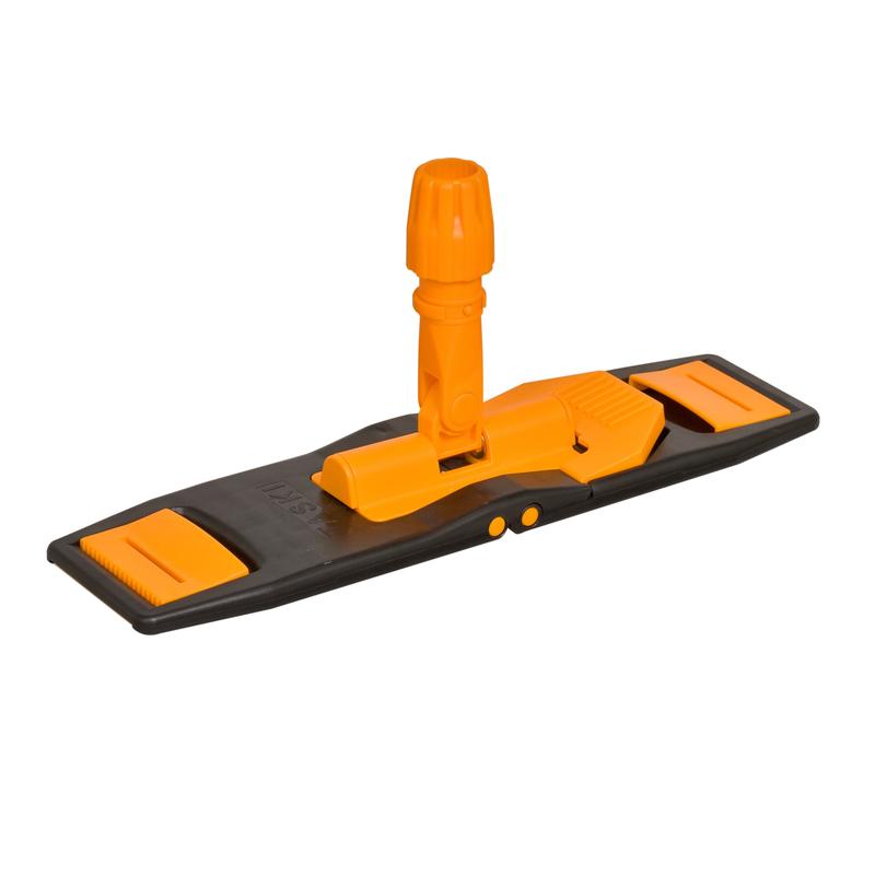 Il TASKI MicroEasy Mop Frame, supporto pieghevole tasca/linguetta 40 cm di Diversey Deutschland GmbH & Co. OHG è un supporto pieghevole in plastica nero-arancione con attacco girevole, progettato per una pulizia efficiente del pavimento con mop piatti.