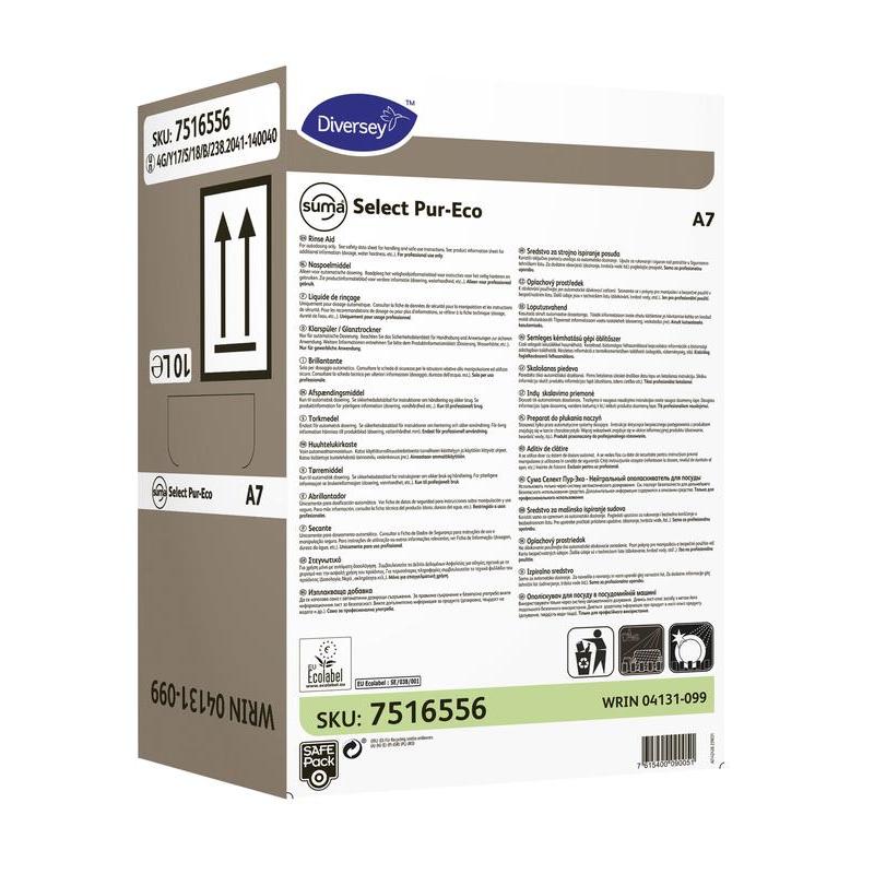 Una scatola del brillantante Suma Select Pur-Eco A7 della Diversey Deutschland GmbH & Co. OHG dispone di informazioni sul prodotto, istruzioni, codice a barre, simbolo di riciclaggio e un indicatore di volume di 10 litri sulla confezione per una pulizia efficace.