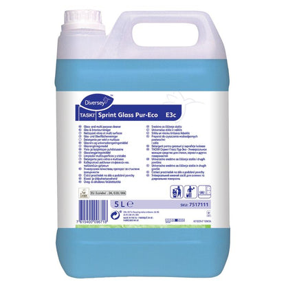 Un contenitore da 5 litri di TASKI Sprint Glass Pur-Eco detergente per vetri e superfici della Diversey Deutschland GmbH & Co. OHG, con tappo bianco ed etichetta multilingue con informazioni sul prodotto e istruzioni.