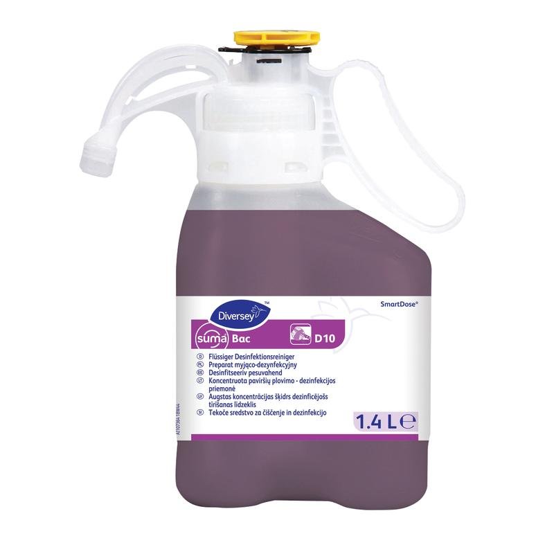 Una bottiglia da 1,4 litri di detergente disinfettante Diversey Suma Bac D10 SD nel sistema SmartDose di Diversey Deutschland GmbH & Co. OHG per la pulizia professionale.
