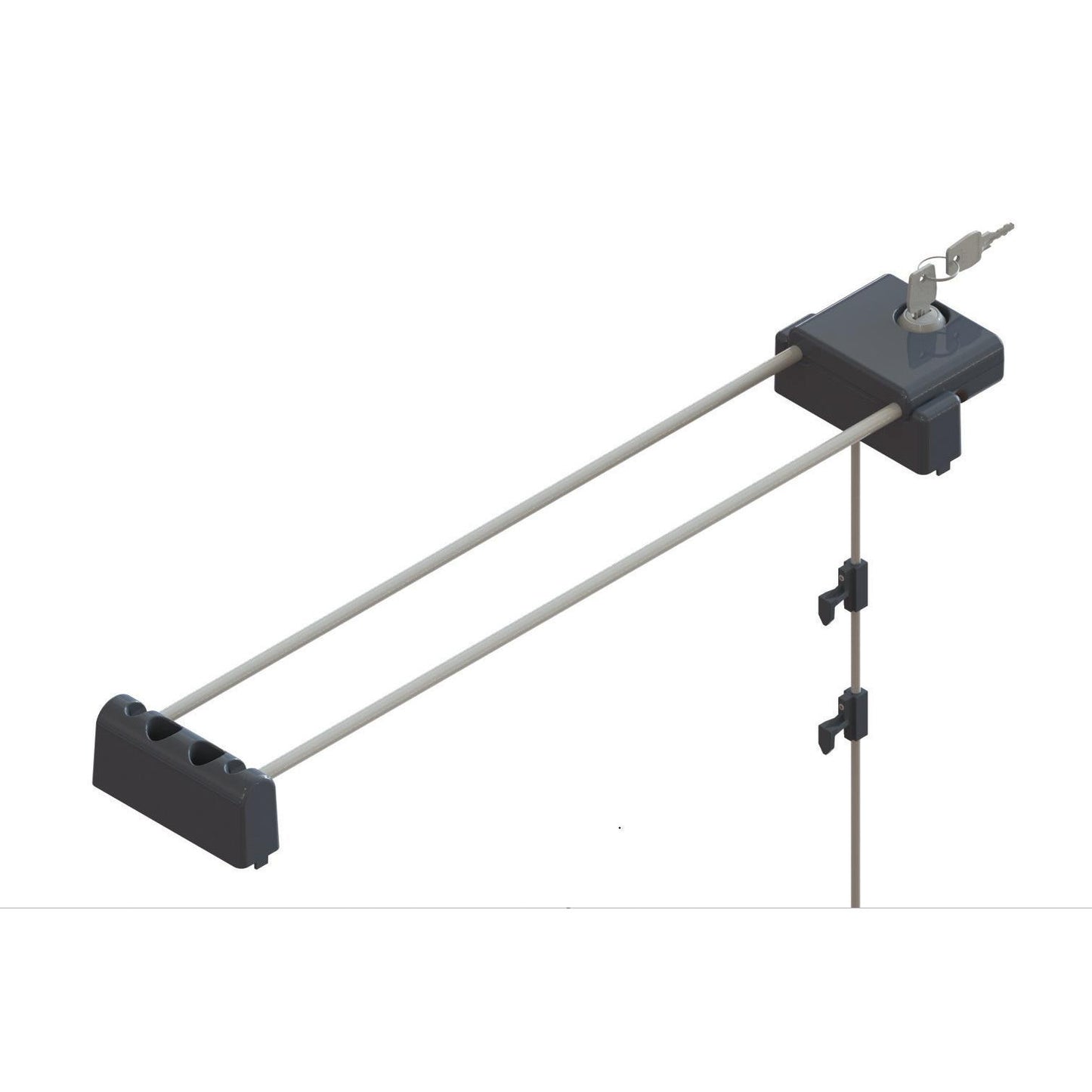 Il sistema di chiusura TASKI di Diversey Deutschland GmbH & Co. OHG è costituito da un cavo di sicurezza a due aste, una serratura a chiave e clip regolabili per carrelli di pulizia chiudibili a chiave; il tutto azionabile con un’unica maniglia e raffigurato su sfondo bianco (confezione da 1 pezzo).