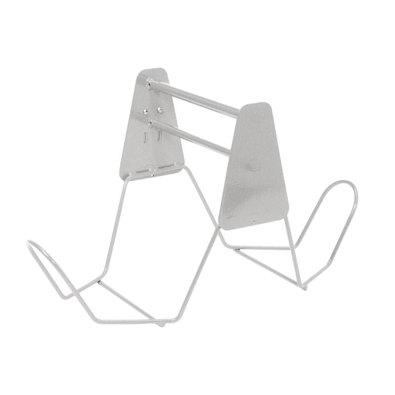 Un supporto minimalista in filo metallico argentato con bracci angolati e un retro piatto, perfetto per mantenere in posizione verticale il portamocio TASKI di Diversey Deutschland durante la pulizia, quando viene utilizzato con secchi da 15 litri (7517292/7517293) e la pressa (7517291).