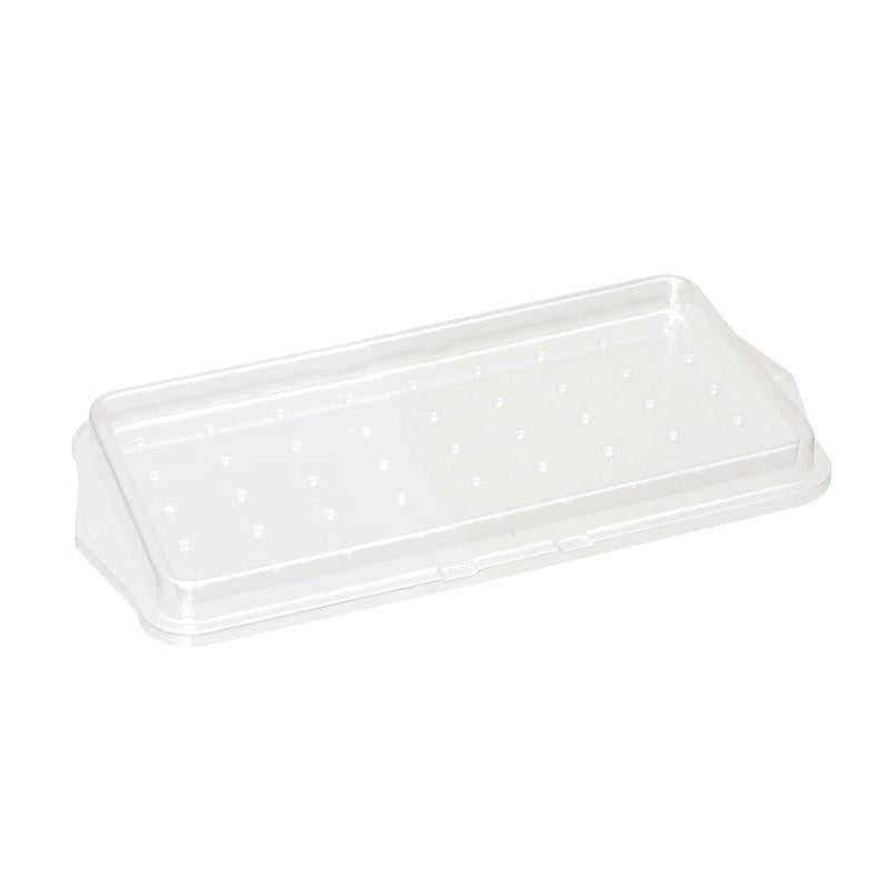 Il setaccio di preparazione TASKI per scatole per mop della Diversey Deutschland GmbH & Co. OHG è un coperchio di plastica trasparente e rettangolare con piccoli fori distribuiti uniformemente, utilizzato per coprire le scatole per mop durante il processo di pulizia.