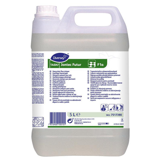 Ein 5-Liter-Kanister TASKI Jontec Futur Universalgrundreiniger für alle alkalifesten Beläge von Diversey Deutschland GmbH & Co. OHG, mit Griff und Frontetikett mit Gebrauchsanweisung und Sicherheitssymbolen.
