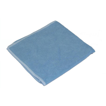 Un panno di pulizia blu TASKI Jonmaster Ultra Cloth XL 40x40 cm di Diversey Deutschland GmbH & Co. OHG, ordinatamente piegato, realizzato in microfibra di alta qualità con cuciture bianche su sfondo bianco.