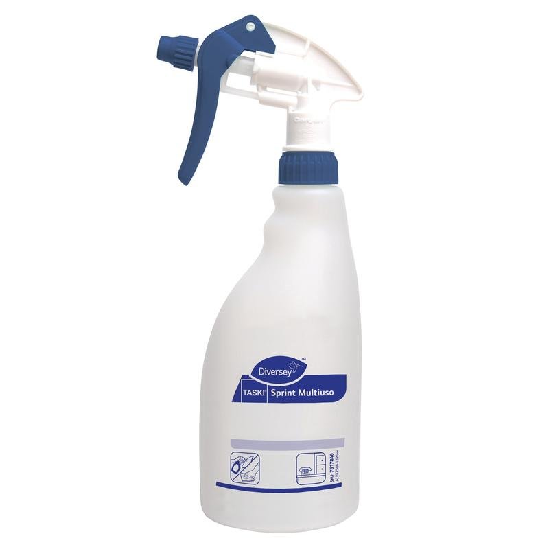 Una bottiglia spray a grilletto bianca da 0,5L con testa di spruzzatura blu e chiusura di Diversey Deutschland GmbH & Co. OHG, etichettata con "Sprint Multiuso". Progettata per la pulizia multifunzionale; l'etichetta contiene simboli per le istruzioni d'uso.