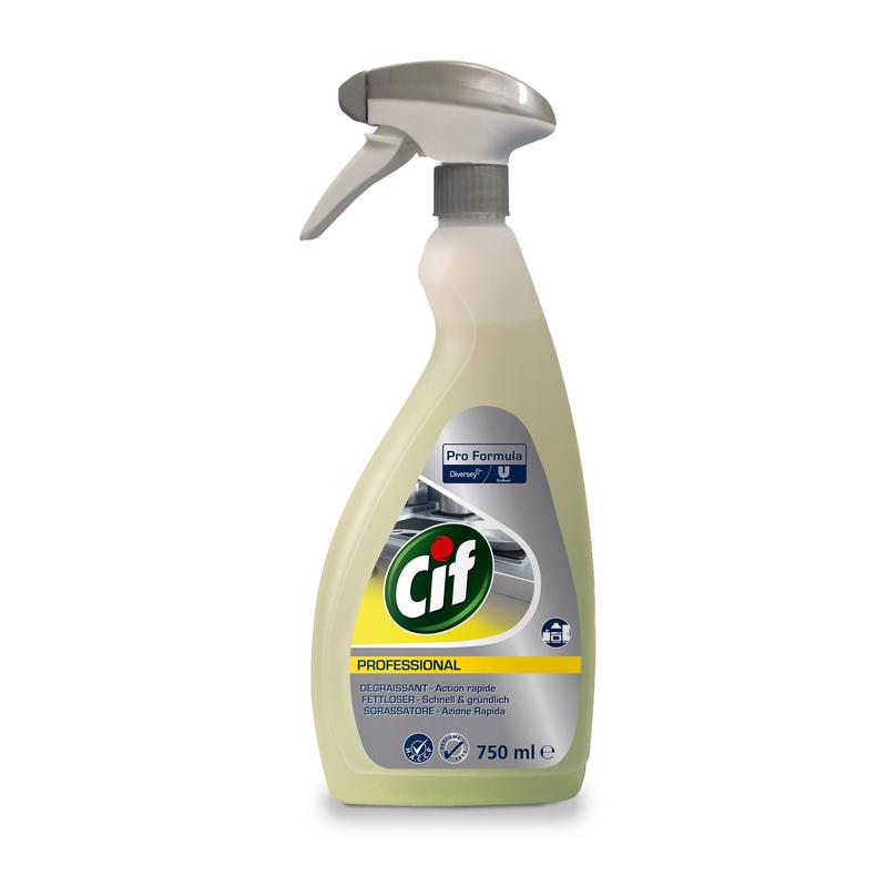 Una bottiglia da 750 ml di Cif Professional Sgrassatore di Diversey, potente sgrassatore per la cucina, senza profumo, con un ugello grigio e un'etichetta multilingue con immagini di apparecchi da cucina.