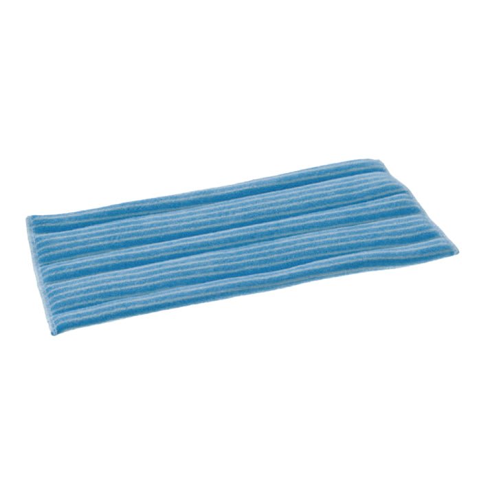 Il TASKI Jonmaster Standard Damp Mop Velcro-Microfibre Cover di Diversey Deutschland GmbH & Co. OHG è un pad di pulizia in microfibra rettangolare blu con sottili strisce bianche, progettato per una pulizia efficiente e raffigurato piatto su sfondo bianco.