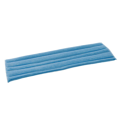 Il TASKI Jonmaster Standard Damp Mop Velcro-Microfibre Cover della Diversey Deutschland GmbH & Co. OHG è un pad di pulizia rettangolare blu-bianco a strisce con tecnologia in microfibra, che giace piatto su sfondo bianco.