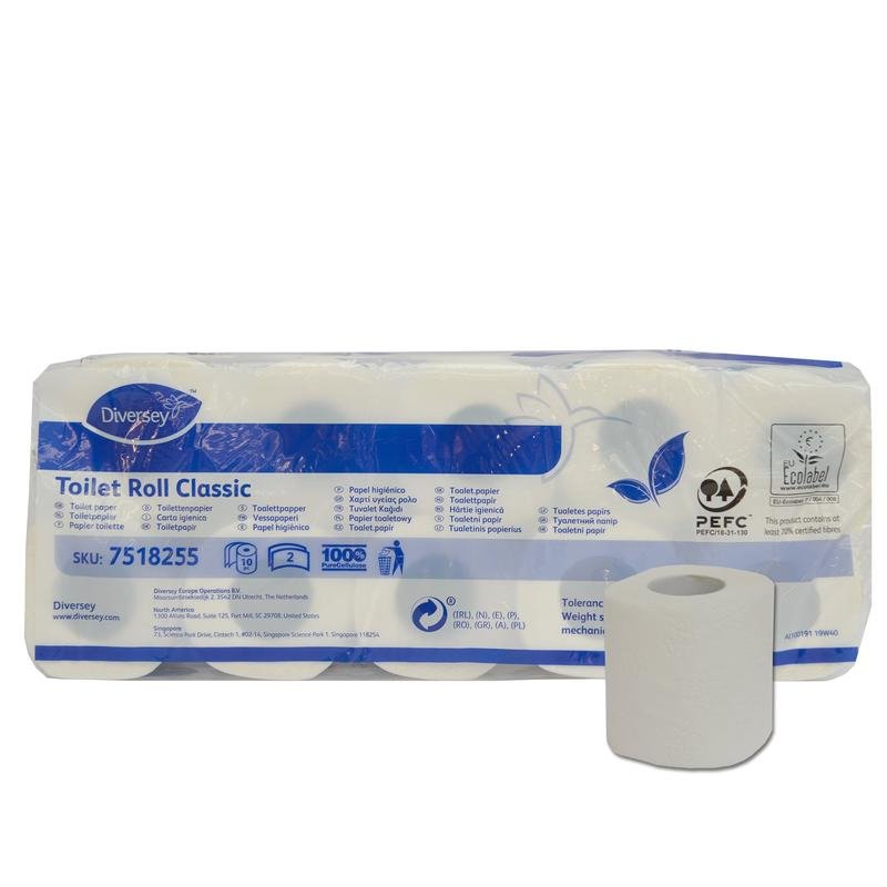 Confezione da 10 "Carta igienica Classic" di Diversey Deutschland, cellulosa bianca a 2 strati, 16,8 m per rotolo, 160 fogli/rotolo (ø98mm), certificata ecologica; confezione con dettagli del prodotto, etichetta ecologica e design blu-bianco.