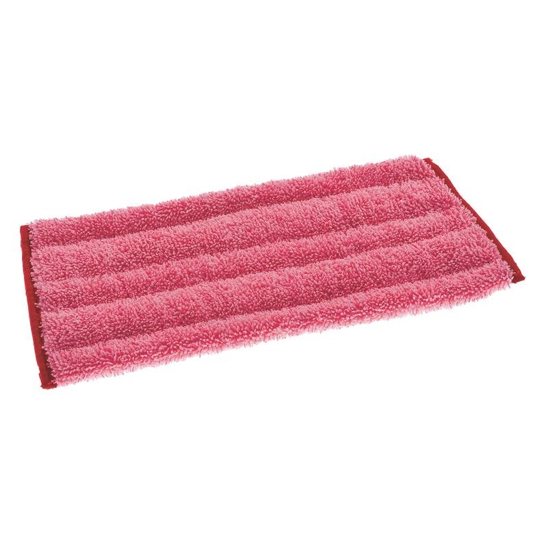 Un rettangolare mop in microfibra TASKI Jonmaster Ultra Damp, rosa di Diversey Deutschland GmbH & Co. OHG, con bordi rossi, giace piatto su uno sfondo bianco. Sviluppato per la pulizia igienica in ambienti di pulizia professionali.