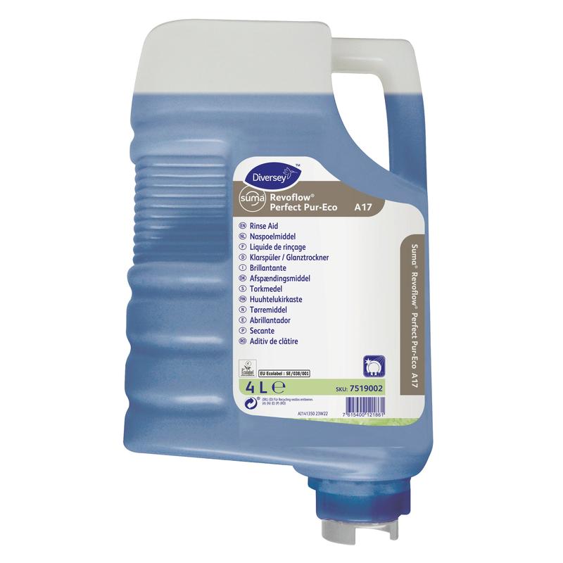 Una cartuccia di plastica da 4 litri di Suma Revoflow Perfect Pur-Eco A17, un brillantante neutro ed ecologico di Diversey Deutschland GmbH & Co. OHG, con liquido blu e un'etichetta bianco-blu con istruzioni multilingue.