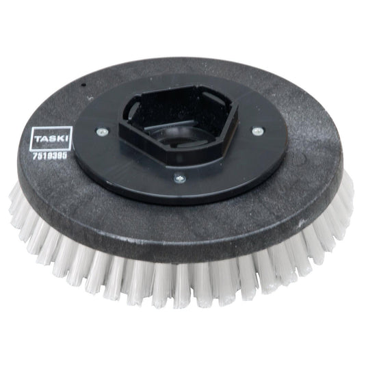Una spazzola rotonda in plastica nera con setole in nylon (28 cm) prodotta da Diversey Deutschland GmbH & Co. OHG, con setole rigide bianche, compatibile con i modelli swingo 955/1255/2100/5000 per una pulizia accurata – spazzola standard, 1 pezzo per confezione.