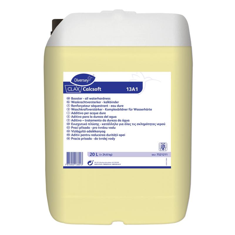 Un contenitore da 20 litri di Clax Calcsoft 13A1 Legante per la durezza dell'acqua liquido di Diversey Deutschland GmbH & Co. OHG, con coperchio bianco, liquido giallo e un'etichetta frontale con informazioni sul prodotto in più lingue e istruzioni per l'uso commerciale.