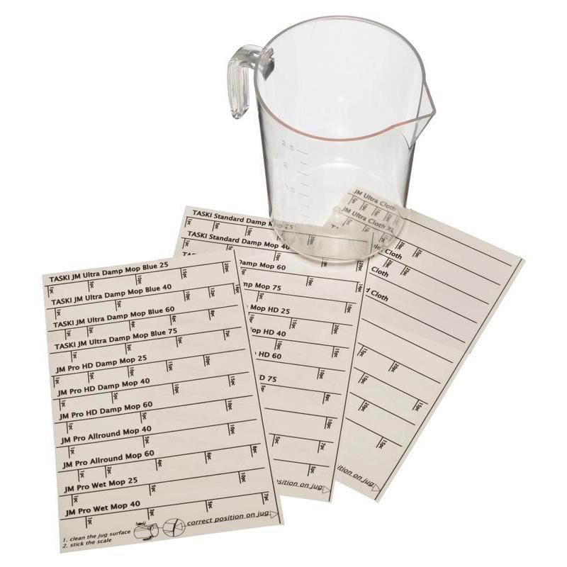 Su tre fogli del set di adesivi per misurini, set di adesivi di ricambio per misurini | Confezione (1 pezzo) di Diversey Deutschland GmbH & Co. OHG; sugli adesivi sono elencati i tipi di mop con caselle e istruzioni. Lo sfondo è bianco.