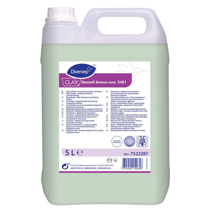Un contenitore di plastica da 5 litri della Diversey Deutschland GmbH & Co. OHG Clax Deosoft Breeze conc 54B1 Ammorbidente concentrato è dotato di un'etichetta viola e bianca con informazioni sul prodotto e istruzioni per l'uso commerciale.