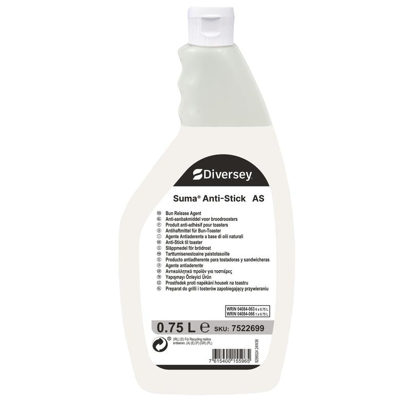 Una bottiglia da 750 ml di Suma Anti-Stick AS agente antiaderente per tostapane per panini di Diversey Deutschland GmbH & Co. OHG, con etichetta bianca, impugnatura ergonomica e istruzioni multilingue - perfetta per la pulizia professionale dei tostapane da cucina.