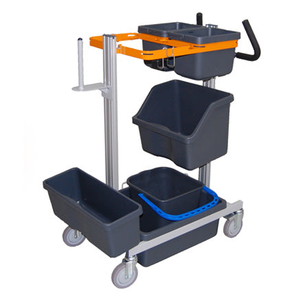Il TASKI Nano Trolley per Procarpet di Diversey Deutschland GmbH & Co. OHG dispone di 4 contenitori grigi di diverse dimensioni, un contenitore con manico blu, una struttura superiore arancione e ruote girevoli - ideale per la pulizia dei tappeti e l'uso manuale.