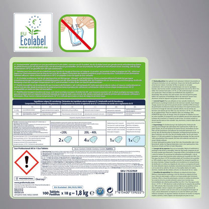 L'etichetta per le pastiglie per lavastoviglie SUN Professional All in One ECO Tabs di Diversey Deutschland GmbH & Co. OHG mostra il marchio ecologico UE e include istruzioni, lista degli ingredienti e informazioni di sicurezza in diverse lingue. Contiene un'immagine che mostra una mano che mette una ECO Tab in un contenitore con un segnale di divieto rosso.