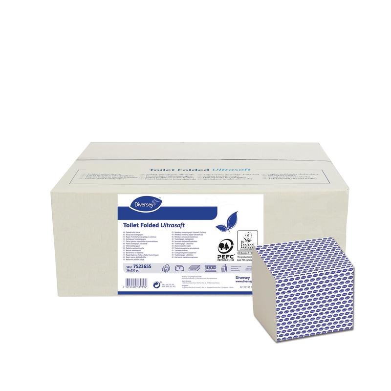 Una grande scatola bianca con la scritta "Carta igienica "Folded" Ultrasoft 36x250 pz., 2 strati, bianca, certificata ecologicamente" della Diversey Deutschland GmbH & Co. OHG si trova dietro fogli piegati con bordo a motivo blu; i dettagli del prodotto sono visibili.