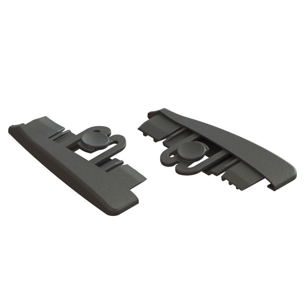 Due tappi terminali Jonmaster UltraPlus neri L/R in plastica della Diversey Deutschland GmbH & Co. OHG, utilizzati come tappi di ricambio per il supporto per mop UltraPlus, raffigurati con bordi arrotondati e meccanismi di bloccaggio su sfondo bianco (2 confezioni/cartone).