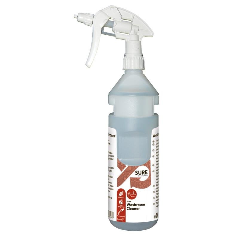 Kit di bottiglie da 0,75L SURE Washroom Cleaner Flacone di ricarica inclusa banda dispenser di Diversey Deutschland, adatto per i sistemi Divermite e DQFM, con ingredienti vegetali ed etichetta bianco-rossa.